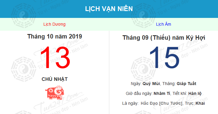 Lịch vạn niên ngày 13 tháng 10 năm 2019 dương lịch